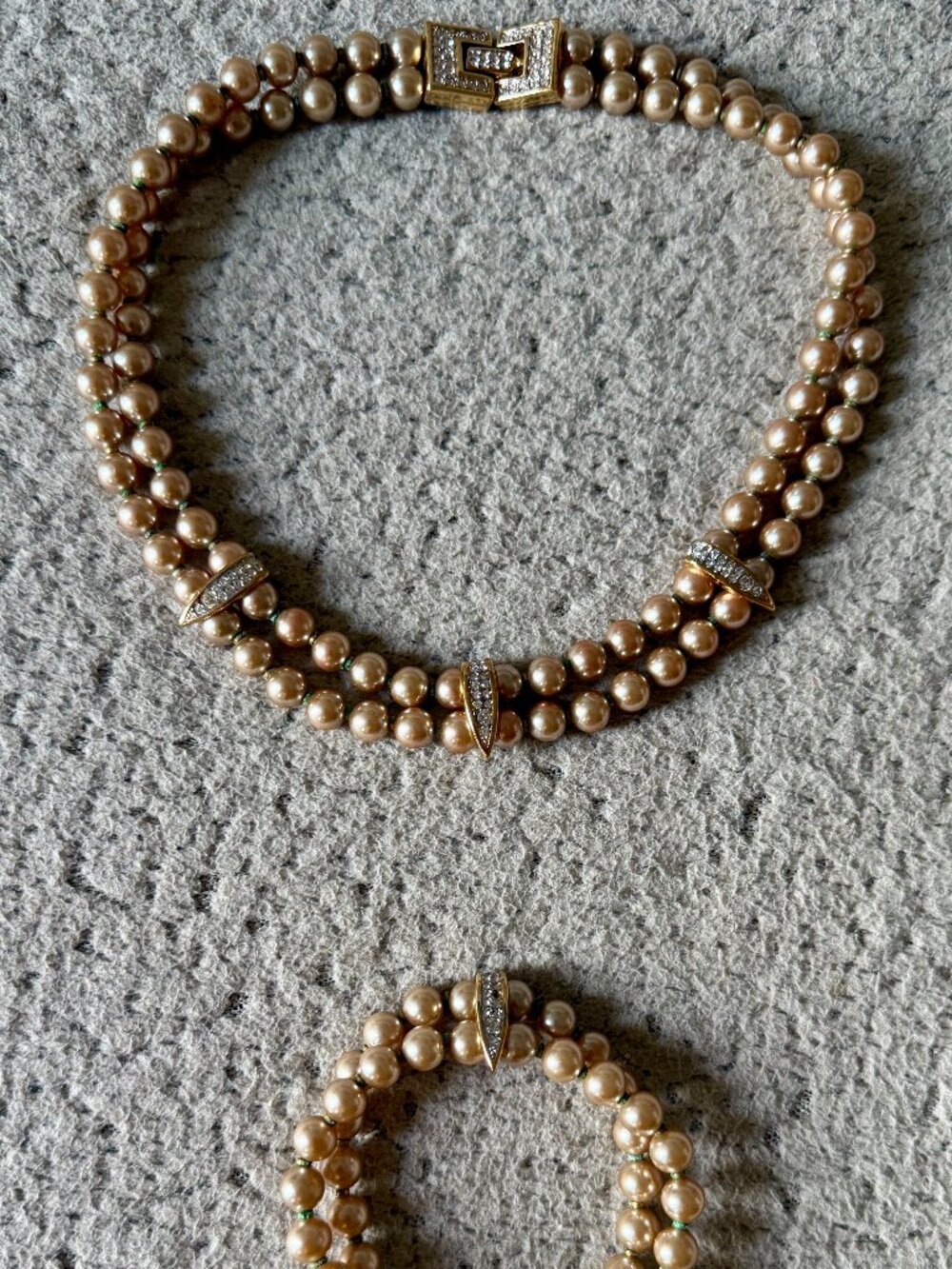 Vintage Style Double Strand Faux Pearl Necklace & Bracelet Set Crystal Gold Tone